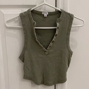 Garage Khaki Ribbed Button-Up v neck Crop Top. Size xs